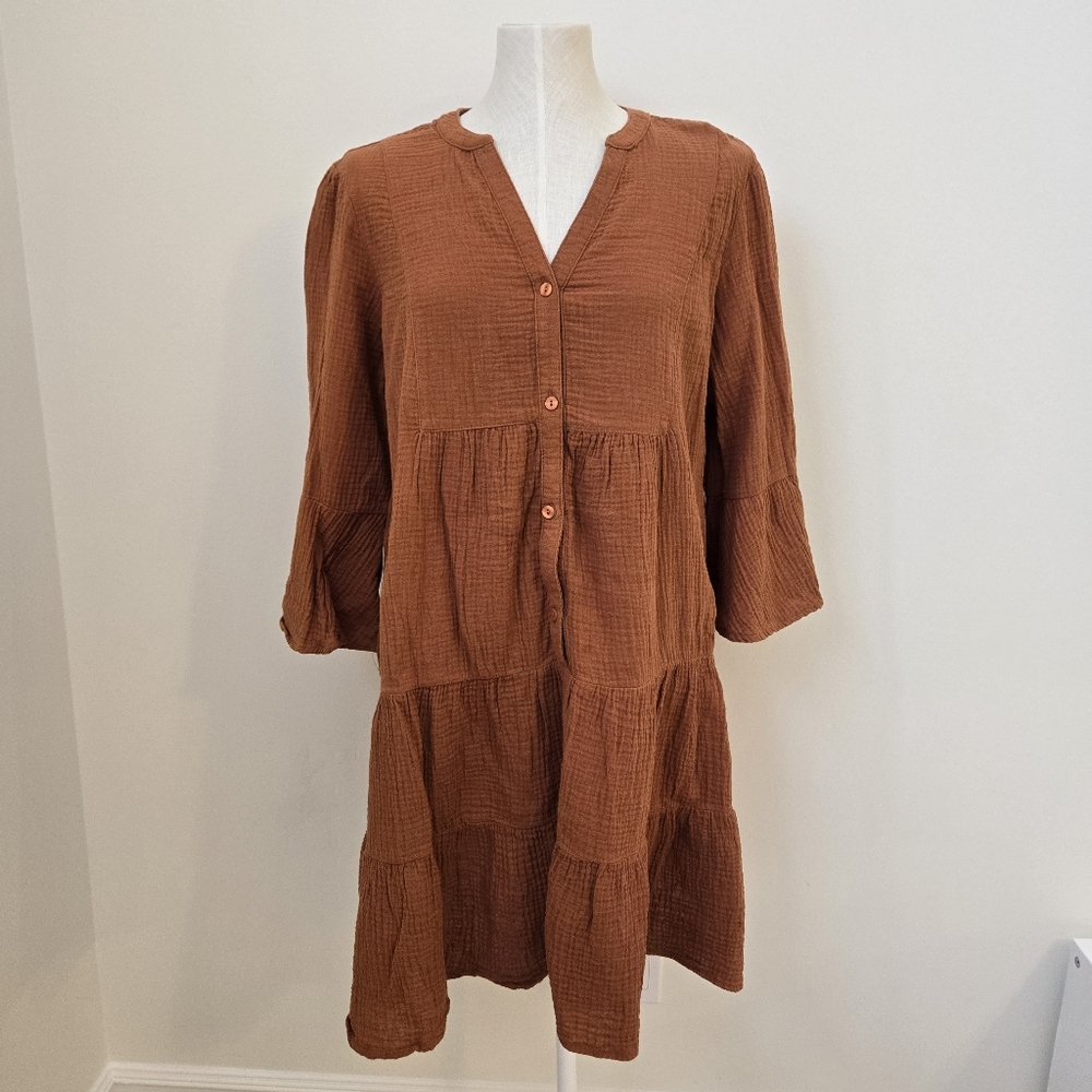 Chaps Rust Gauze Tiered Babydoll Dress Boho Cottagecore Size Large